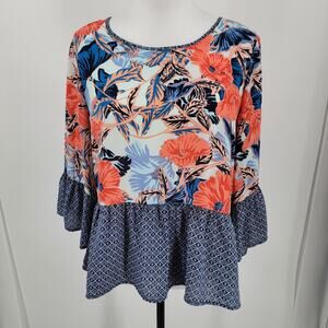 Chenault Blouse Womens Petite Large PL Floral Peplum Ruffle Sleeve Boho Tropical